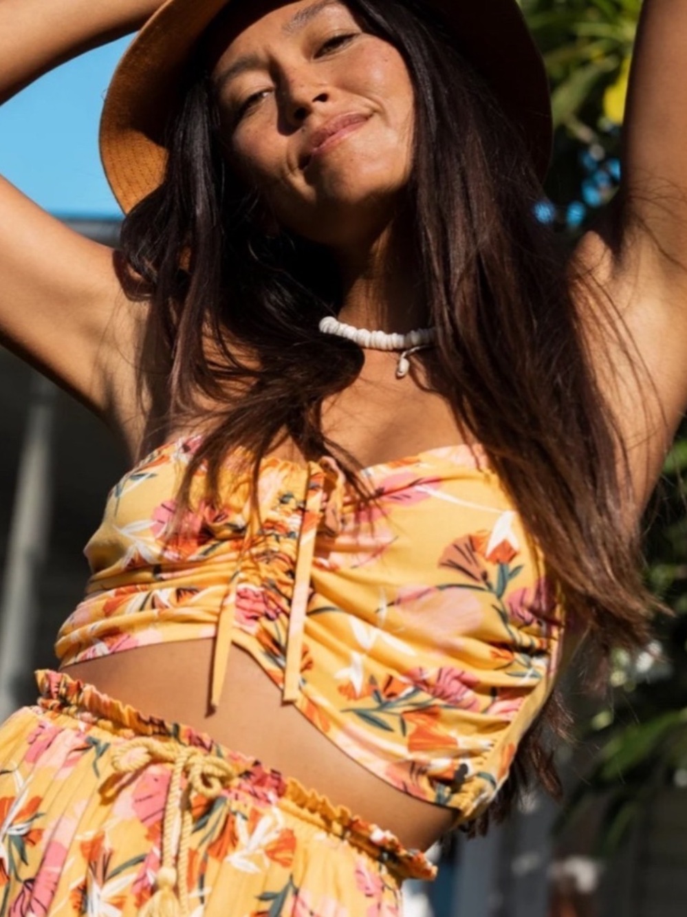 Roxy Yellow Floral Ruched Camisole Top/Shorts set
